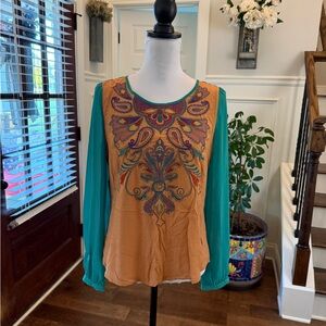 Flying Tomato NWOT Unique Embroidered Camel, Green and Navy Women's Blouse